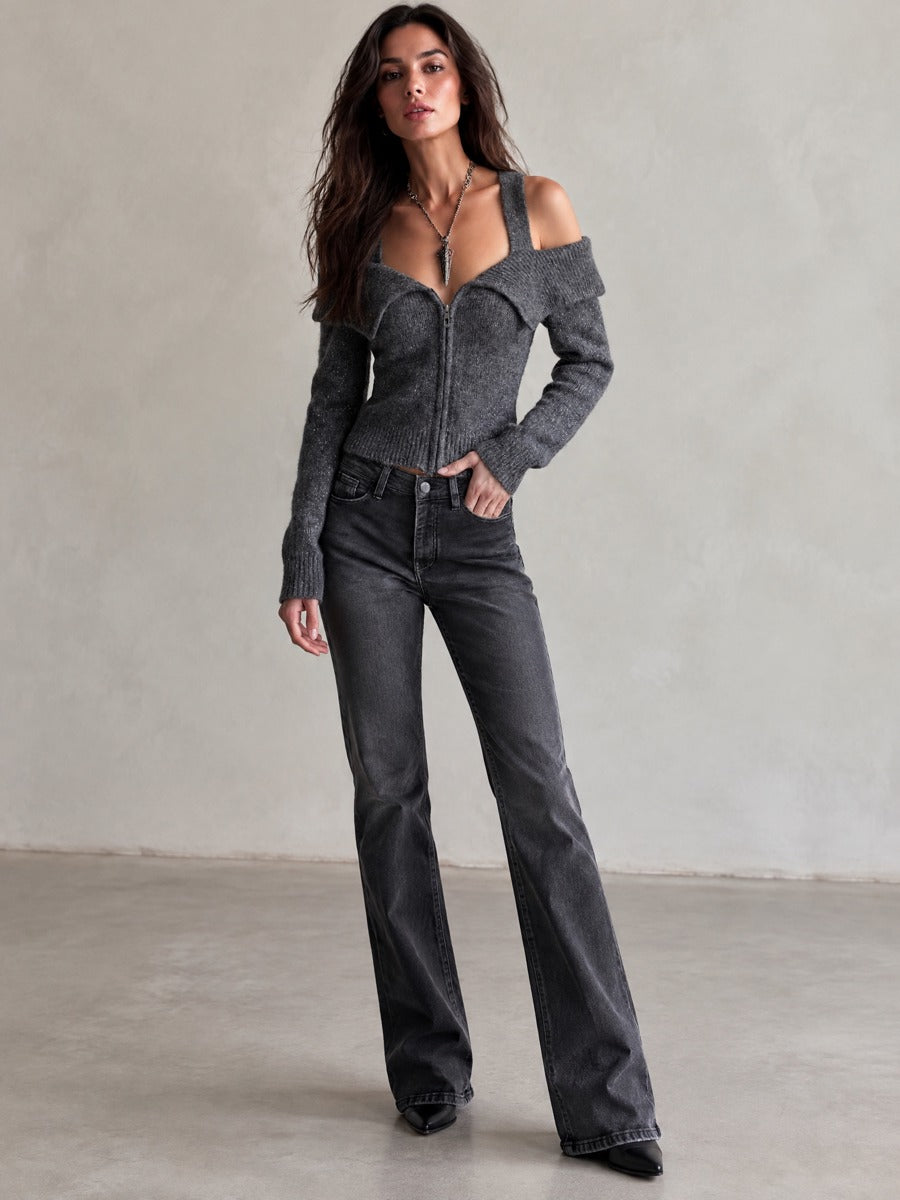 Charcoal Grey Sparkle Knit Zip-Up Cold Shoulder Cardigan