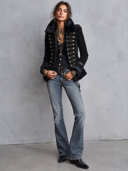 Military Style Faux Fur Collar And Gold Buttons Faux Suede Jacket