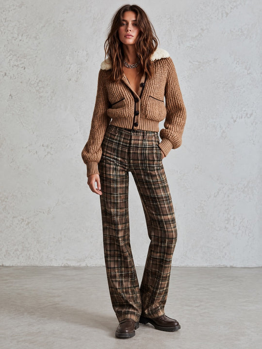 Retro Camel Chunky Rib Knit Cardigan Coat With Cream Sherpa Collar