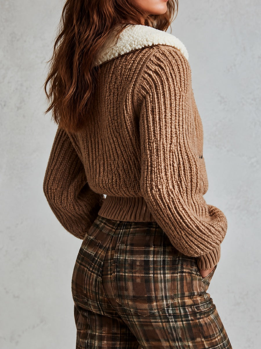 Retro Camel Chunky Rib Knit Cardigan Coat With Cream Sherpa Collar
