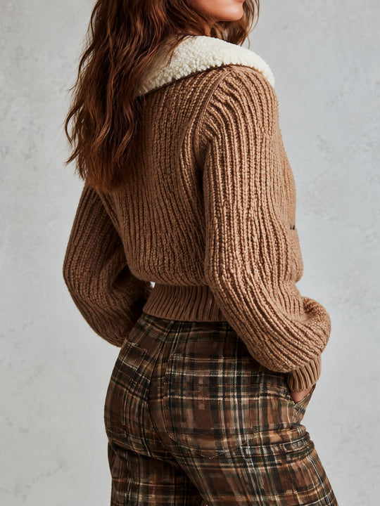 Retro Camel Chunky Rib Knit Cardigan Coat With Cream Sherpa Collar