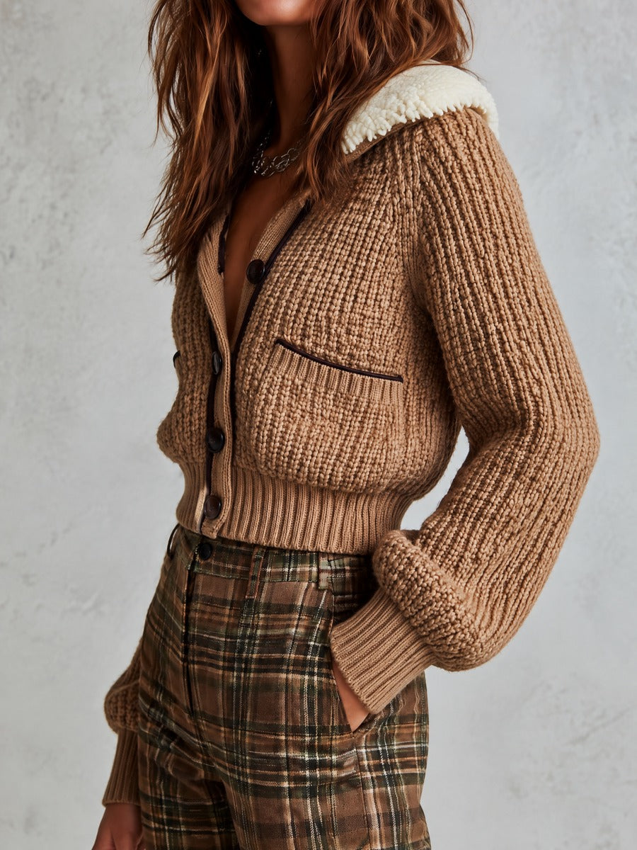 Retro Camel Chunky Rib Knit Cardigan Coat With Cream Sherpa Collar