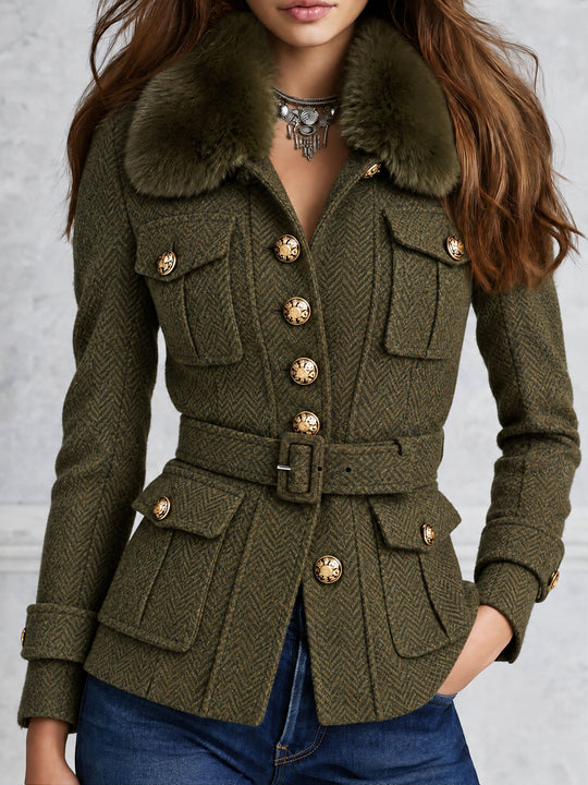 Vintage Olive Herringbone Tweed Belted Jacket With Faux Fur Collar