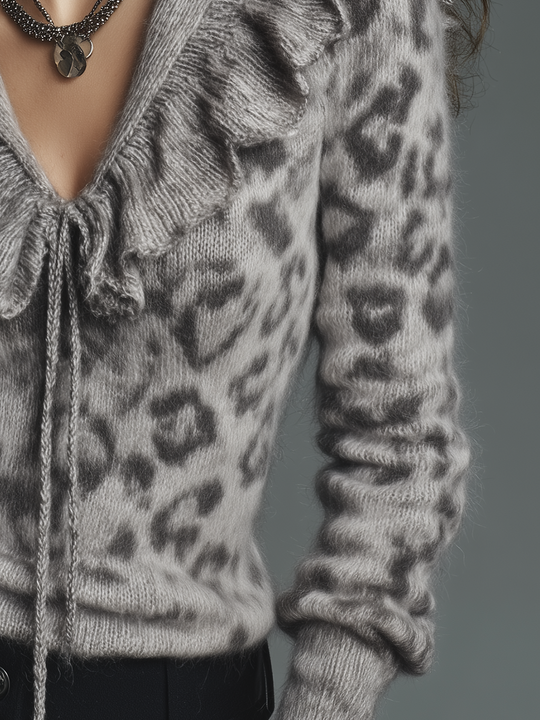 Romantic Gray Leopard Print Ruffle Collar Tie Neck Knit Sweater