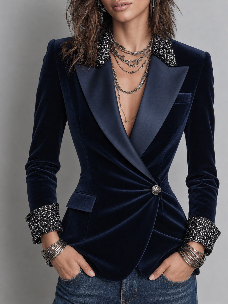 Vintage Satin Peak Lapel And Sequin Cuffs Wrap-front Polyester Velvet Blazer