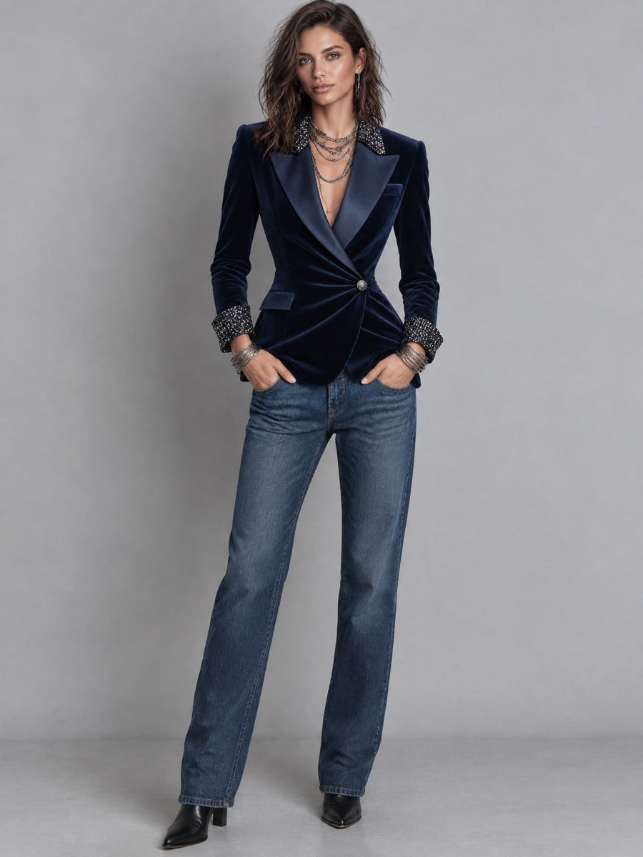 Vintage Satin Peak Lapel And Sequin Cuffs Wrap-front Polyester Velvet Blazer