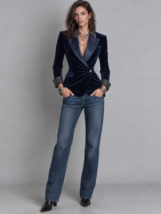 Vintage Satin Peak Lapel And Sequin Cuffs Wrap-front Polyester Velvet Blazer