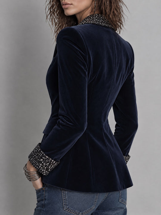 Vintage Satin Peak Lapel And Sequin Cuffs Wrap-front Polyester Velvet Blazer