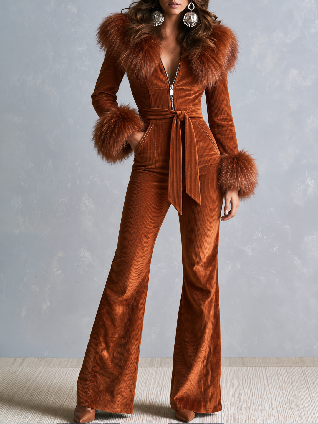 Retro Rust Corduroy Flare Jumpsuit With Faux Fur Collar And Cuffs