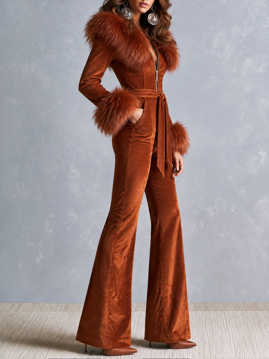 Retro Rust Corduroy Flare Jumpsuit With Faux Fur Collar And Cuffs