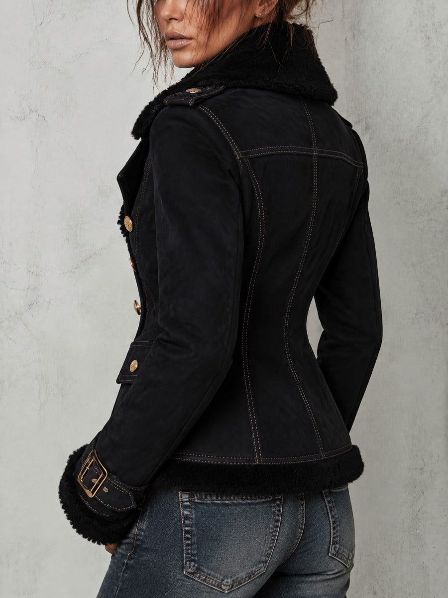 Double-Breasted Faux Shearling Collar Black Jacket