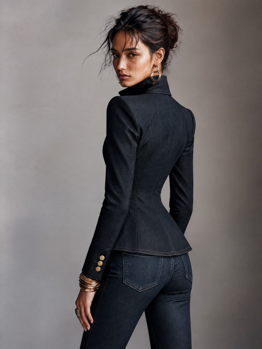 Women's Structured Dark Denim Gold Buttons Jacket With Padded Shoulders
