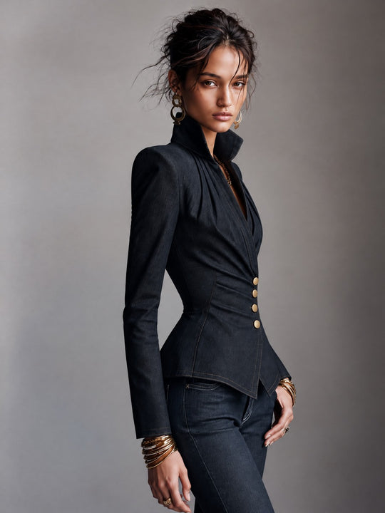 Women's Structured Dark Denim Gold Buttons Jacket With Padded Shoulders