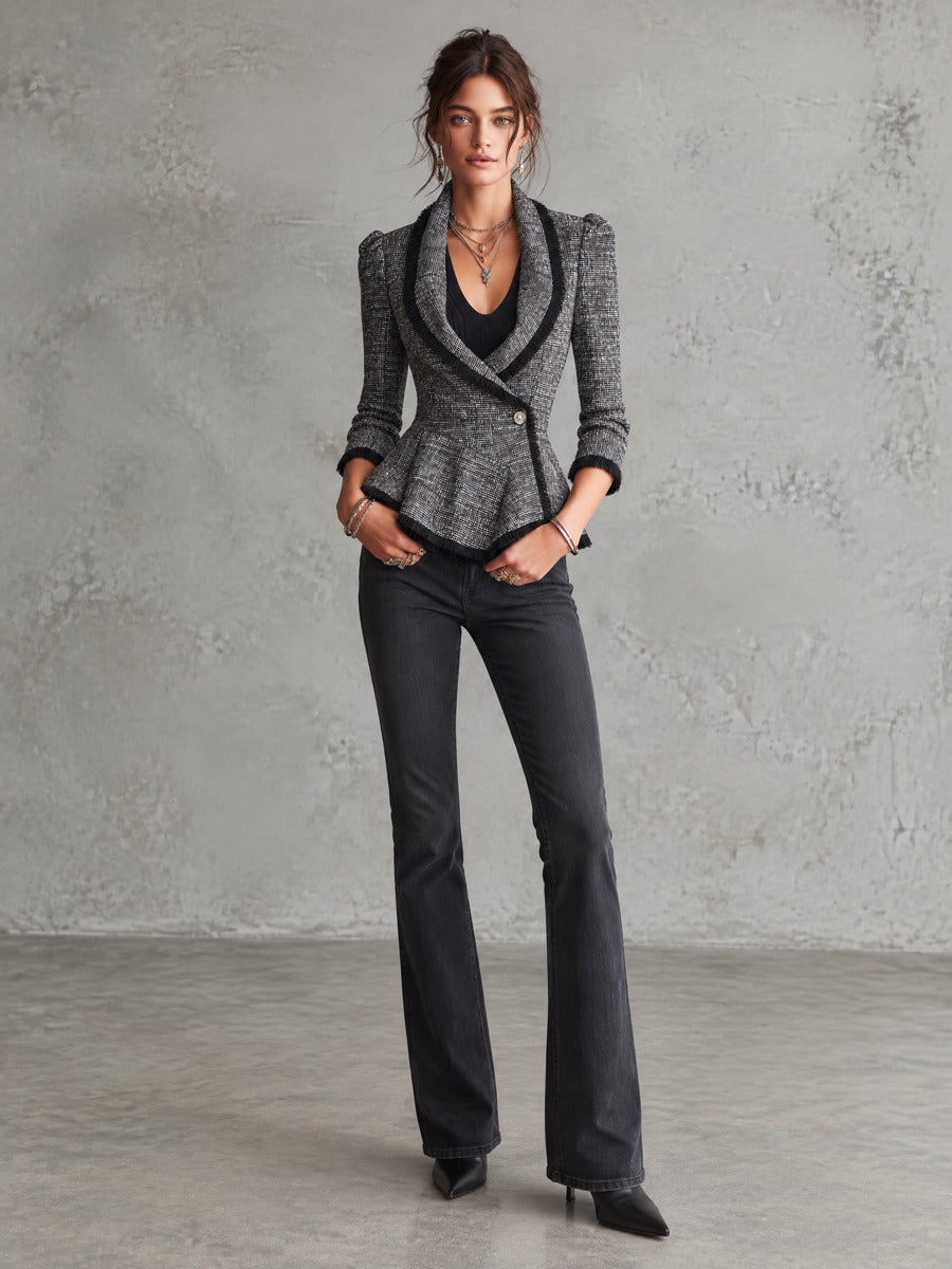 Gray Black Tweed Shawl Collar Peplum Blazer With Fringe Trim