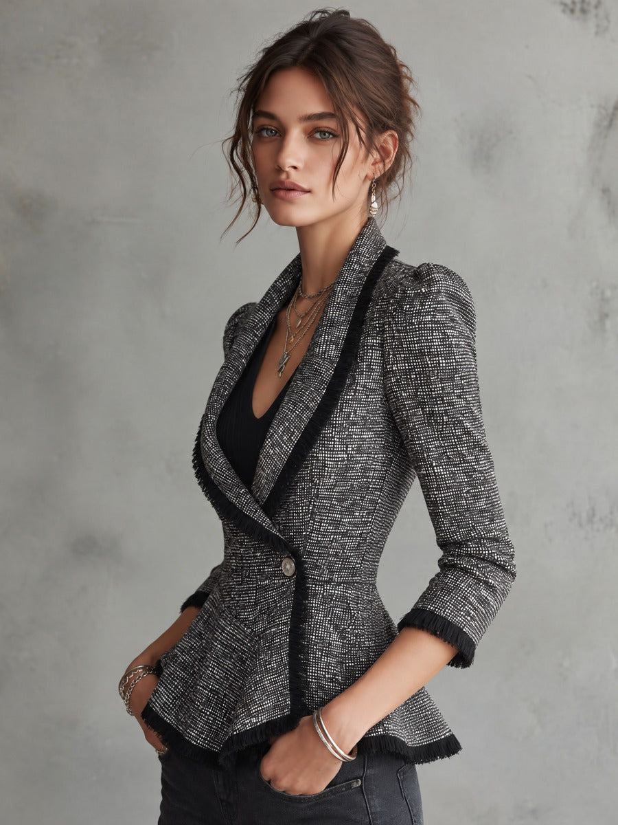 Gray Black Tweed Shawl Collar Peplum Blazer With Fringe Trim