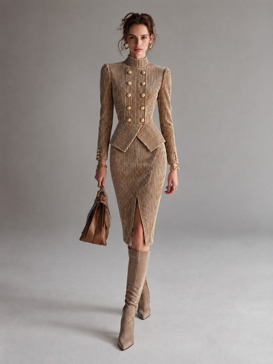 Camel Striped Velvet Midi Dress With Stand Collar Double-Breasted