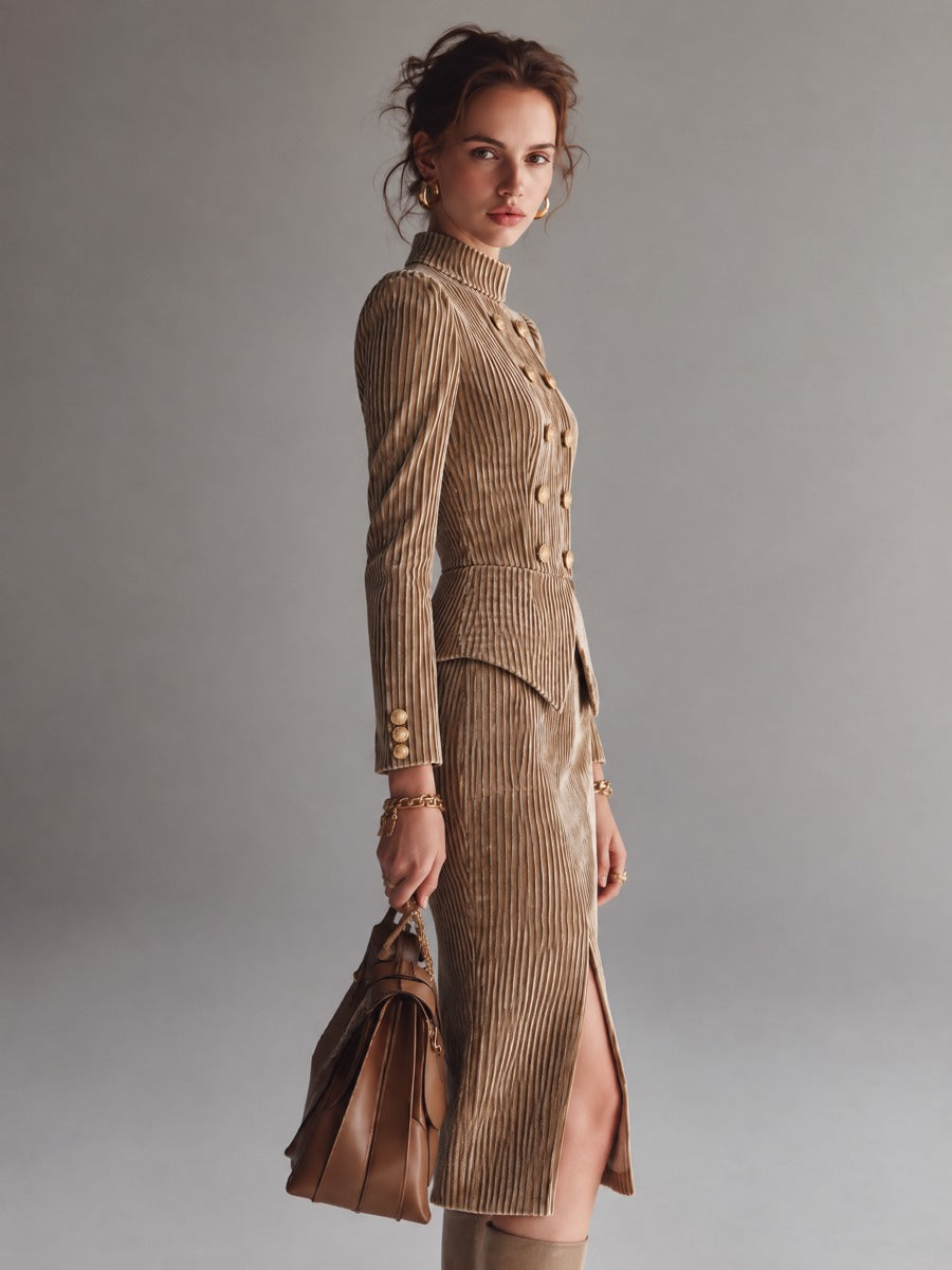 Camel Striped Velvet Midi Dress With Stand Collar Double-Breasted