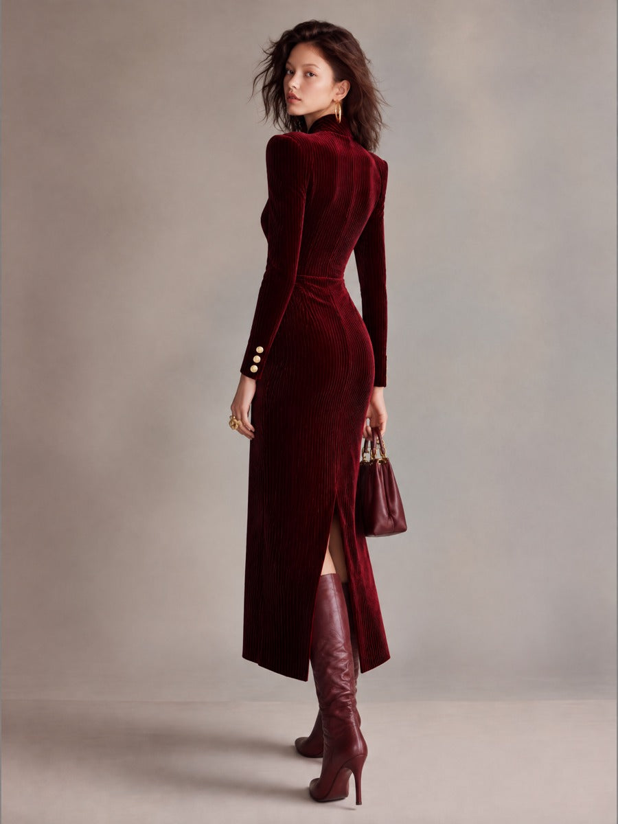 Burgundy Ribbed Velvet Structured Shoulders Gold Buttons Midi Dress With Front Slit