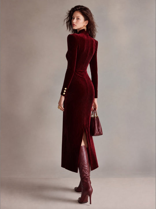 Burgundy Ribbed Velvet Structured Shoulders Gold Buttons Midi Dress With Front Slit