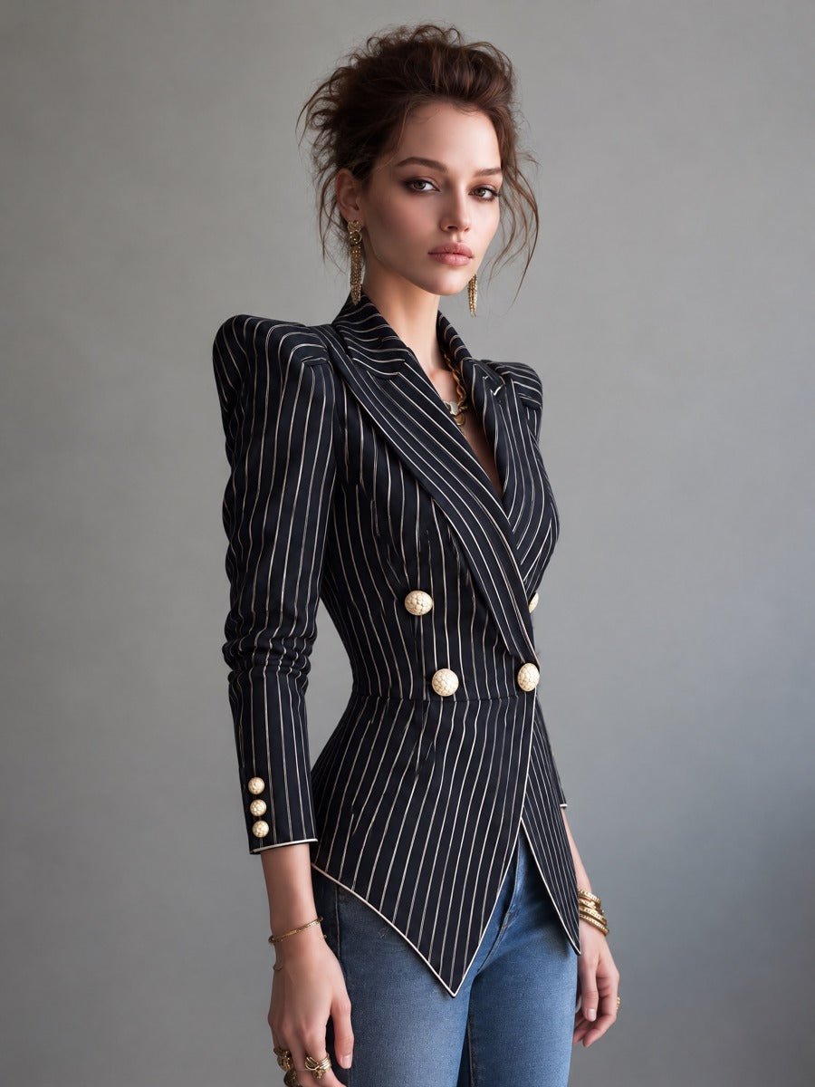Navy Pinstripe Double-Breasted Blazer with Structured Shoulders and Nipped Waist