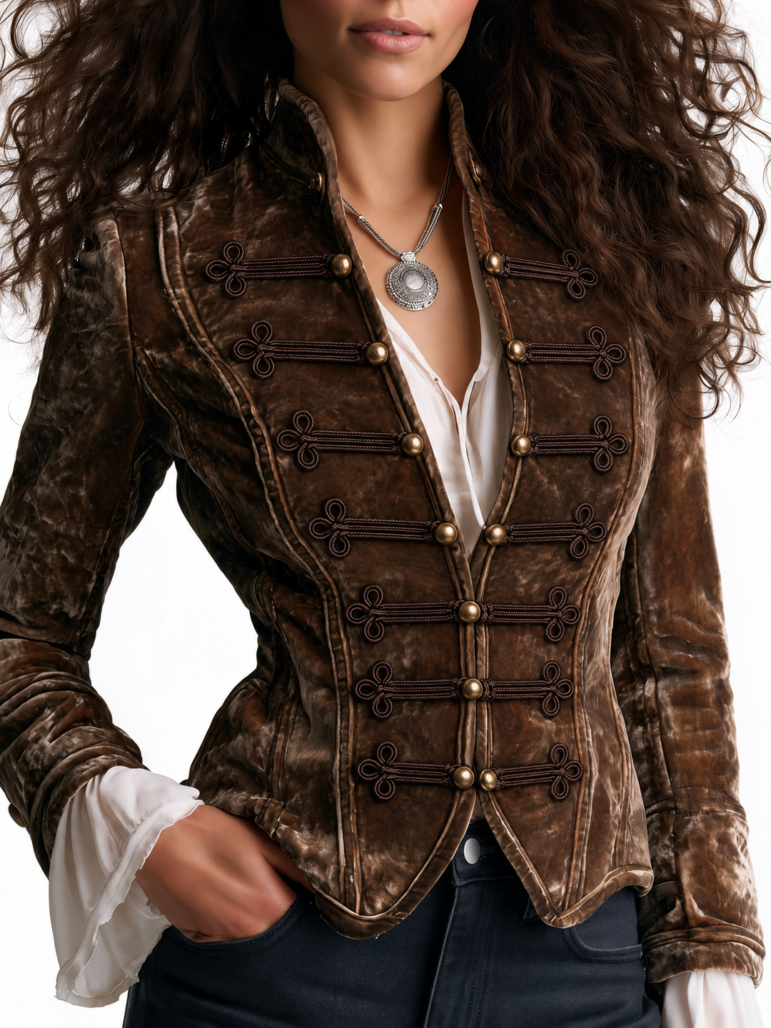 Vintage Stand Collar Brown Crushed Velvet Jacket With Braid Trim