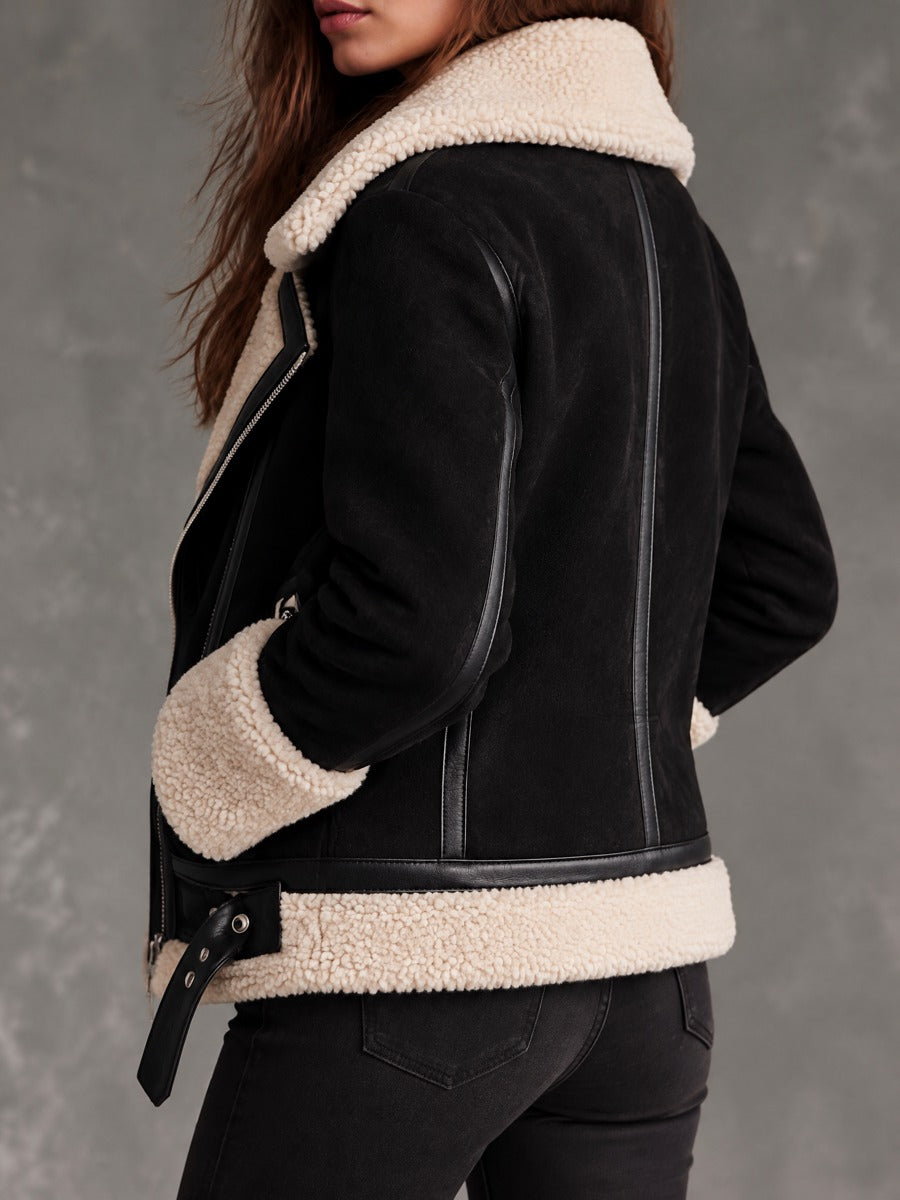 Retro Black And Cream Sherpa Trim Moto Jacket With Asymmetrical Zip