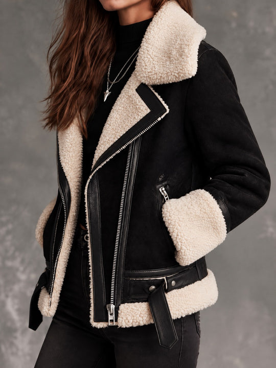 Retro Black And Cream Sherpa Trim Moto Jacket With Asymmetrical Zip