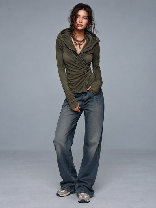 Boho Olive Green Washed Asymmetric Zip Hooded Jacket with Ruched Waist