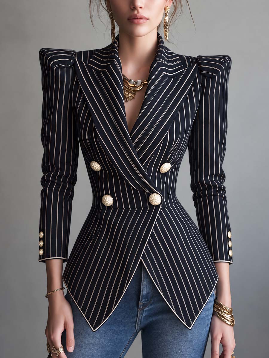 Navy Pinstripe Double-Breasted Blazer with Structured Shoulders and Nipped Waist