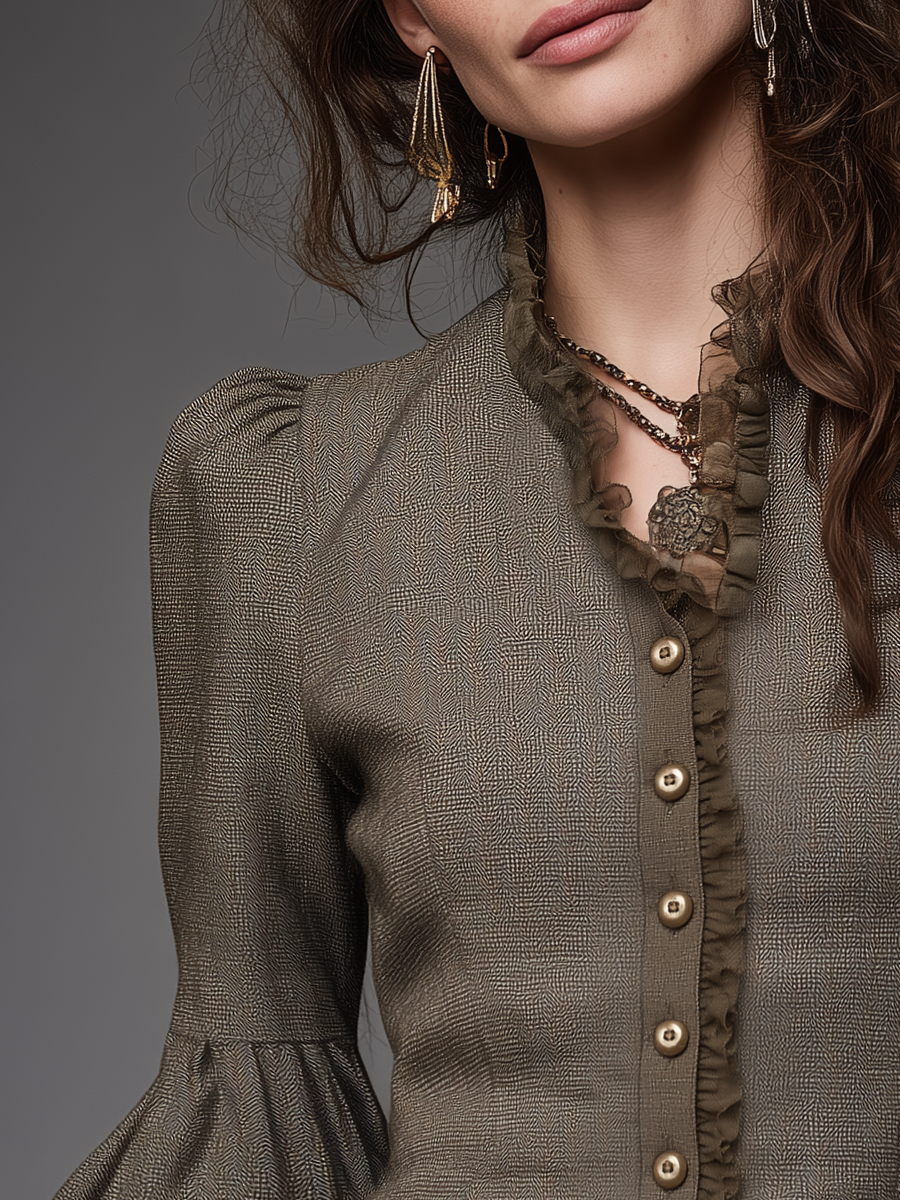 Romantic Taupe Brown Ruffle Trim Puff Sleeve Button Front Blouse