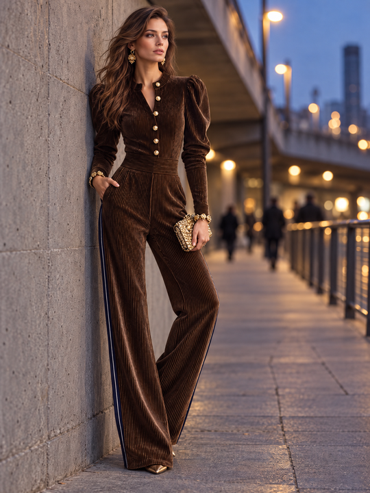 Brown Velvet Puff-Sleeve Wide-Leg Jumpsuit with Gold Buttons and Navy Side Stripes