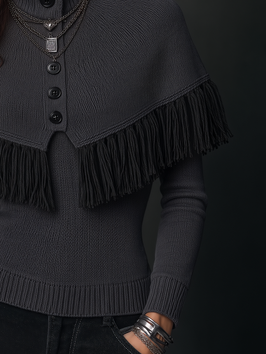 Vintage Charcoal Gray Fringe Cape Collar Knit Sweater