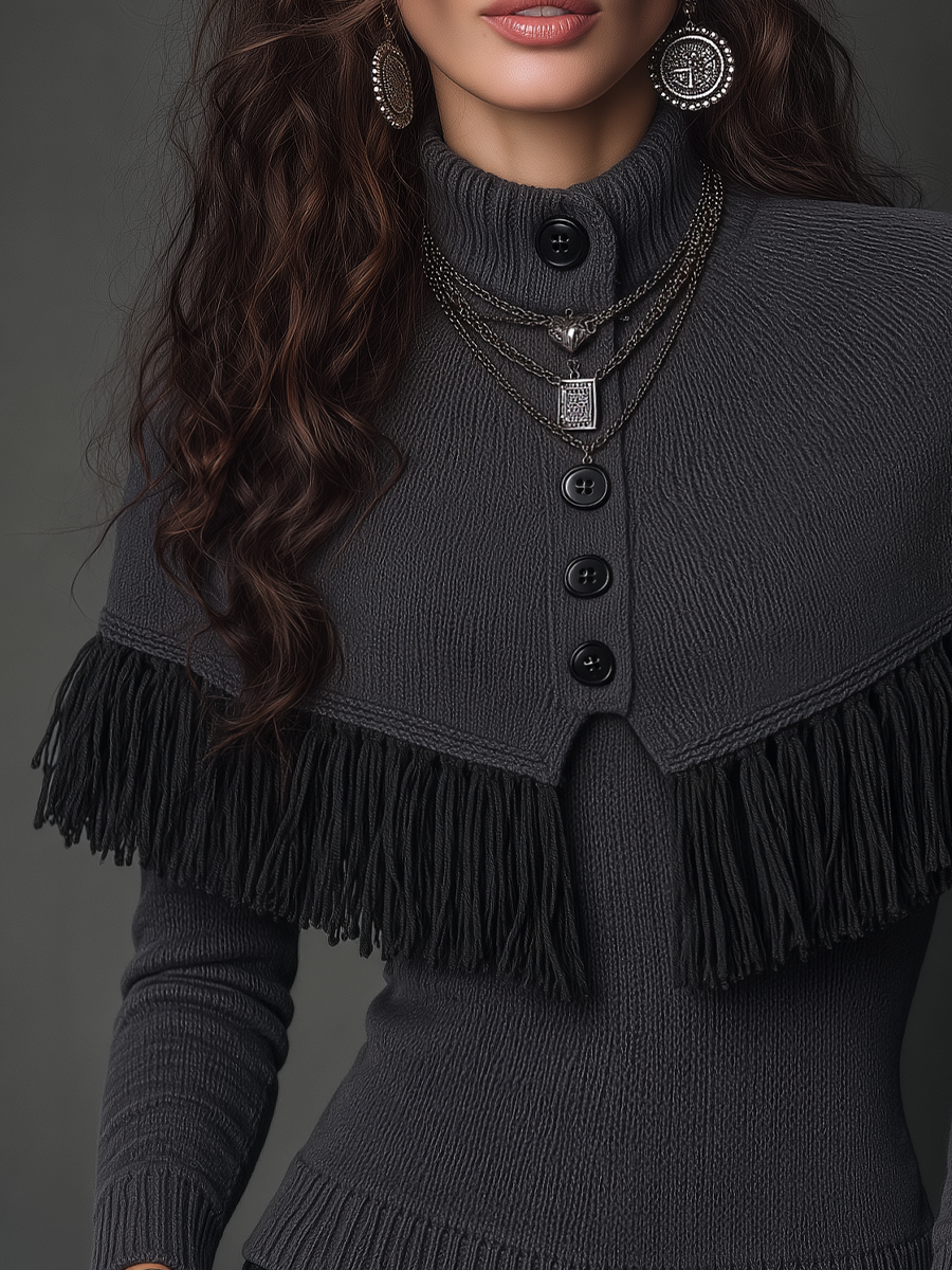 Vintage Charcoal Gray Fringe Cape Collar Knit Sweater