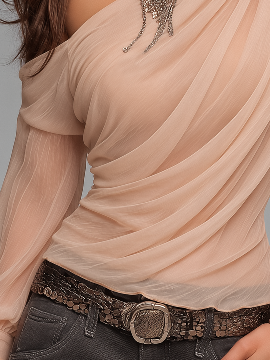 Romantic Blush Pink Floral Applique One Shoulder Draped Chiffon Blouse