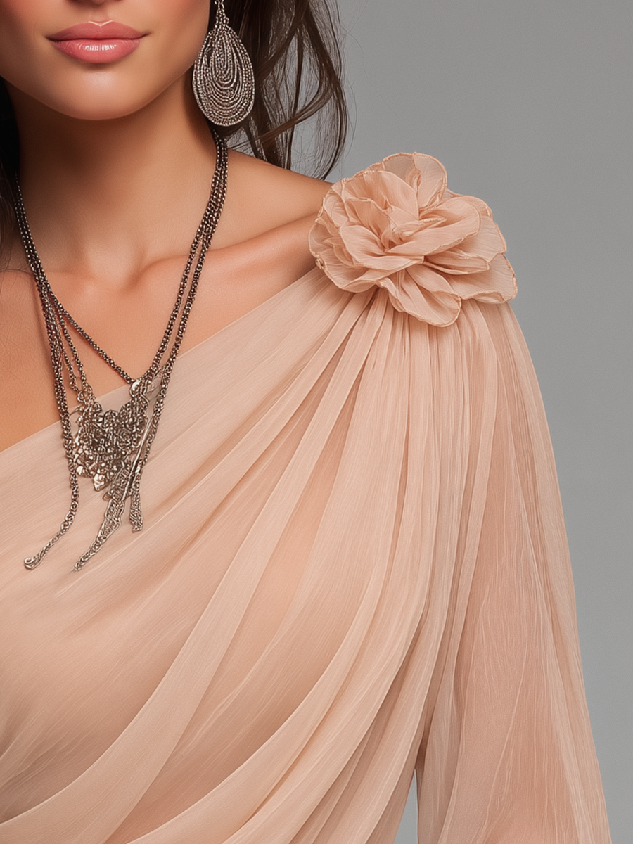 Romantic Blush Pink Floral Applique One Shoulder Draped Chiffon Blouse