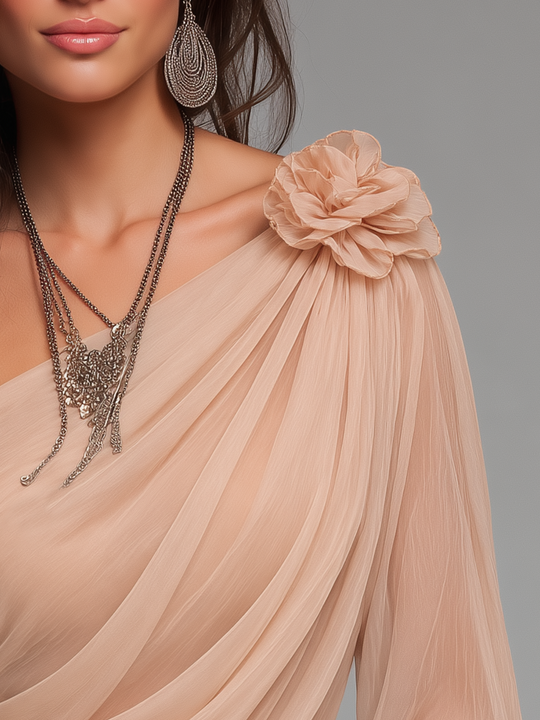 Romantic Blush Pink Floral Applique One Shoulder Draped Chiffon Blouse