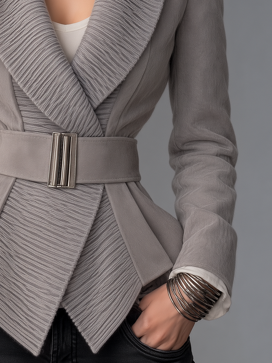 Elegant Light Gray Shawl Collar Belted Peplum Jacket