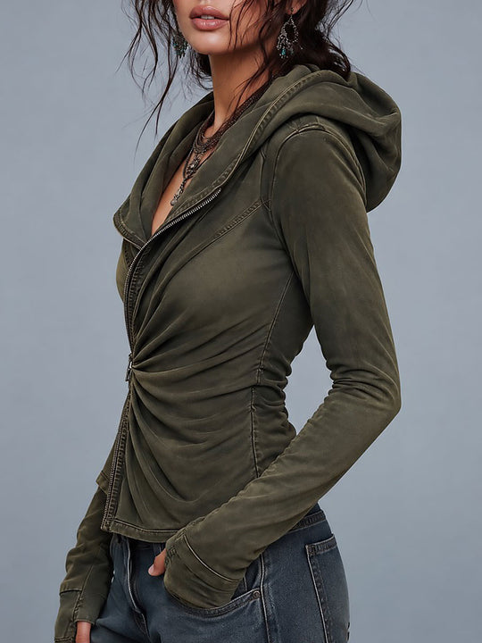 Boho Olive Green Washed Asymmetric Zip Hooded Jacket with Ruched Waist