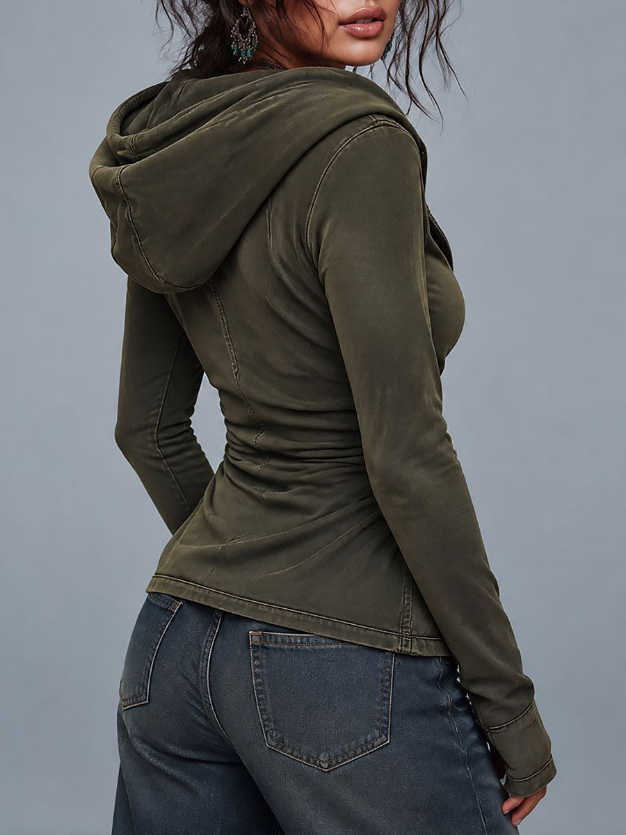 Boho Olive Green Washed Asymmetric Zip Hooded Jacket with Ruched Waist