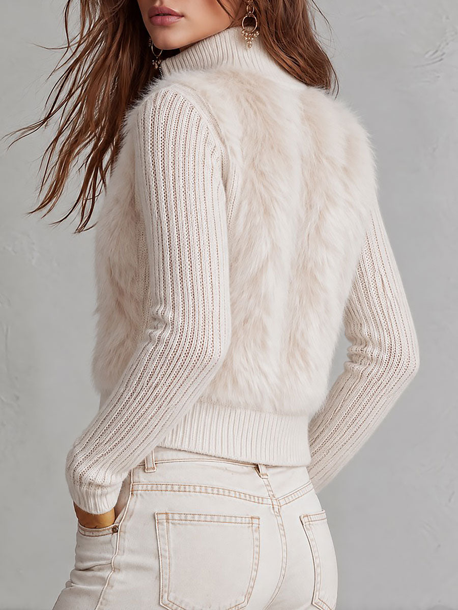 Boho Cream Faux Fur Panel Ribbed Knit Zip-Up Cardigan with Stand Collar