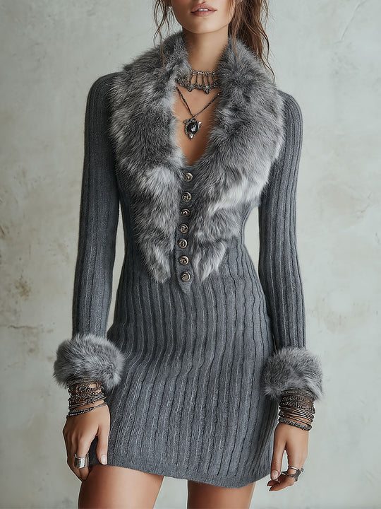Detachable Faux Fur Collar Grey Ribbed Knit Slim Fit Mini Dress With Button Front