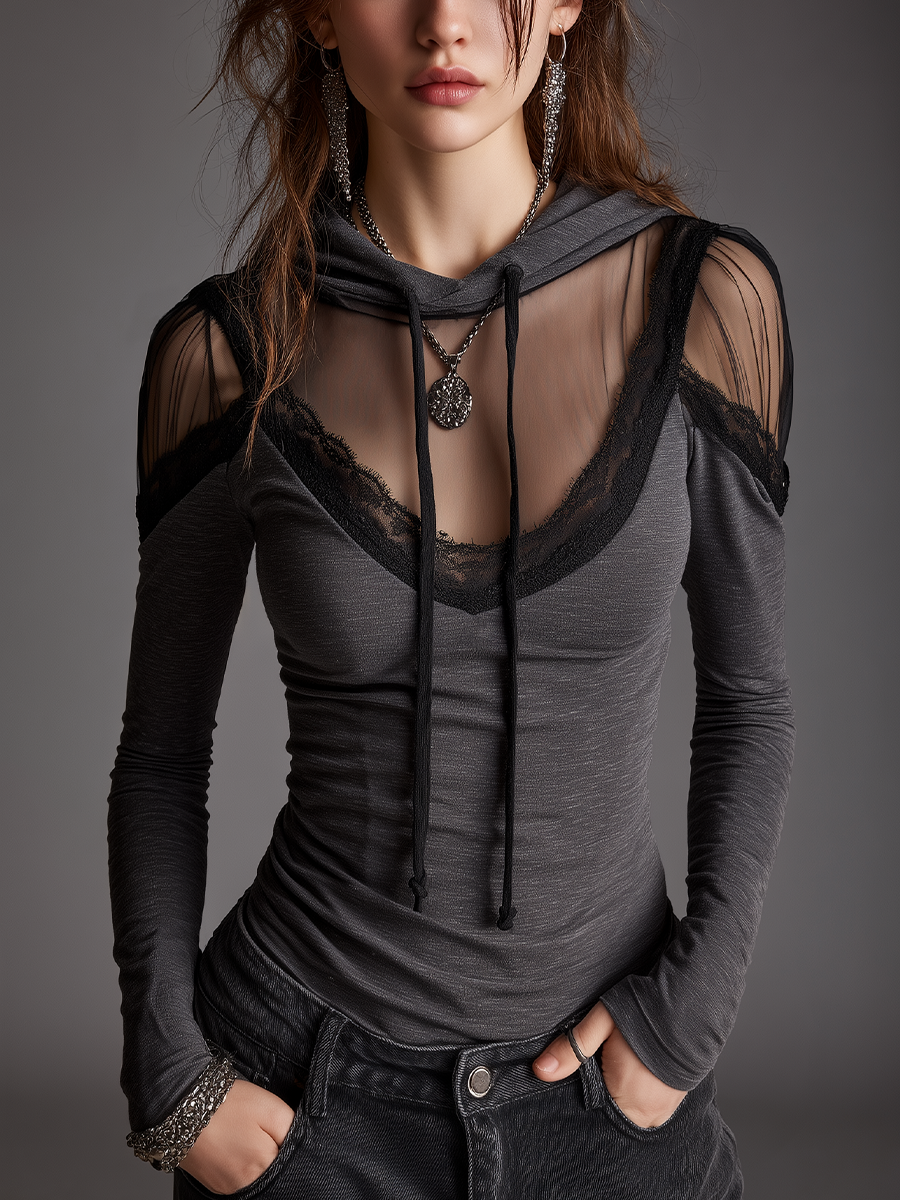 Vintage Charcoal Gray Sheer Mesh Lace Trim Hooded Fitted Top