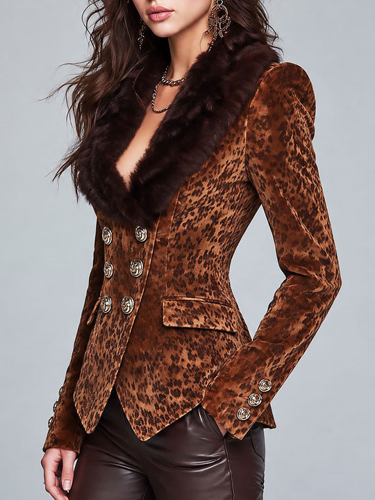 Leopard Print Gold Double-Breasted Buttons Velvet Blazer with Faux Fur Collar