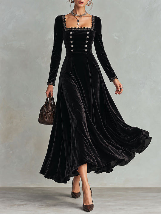 Elegant Black Velvet Square Neck Lace Trim Maxi Dress with Button Detail