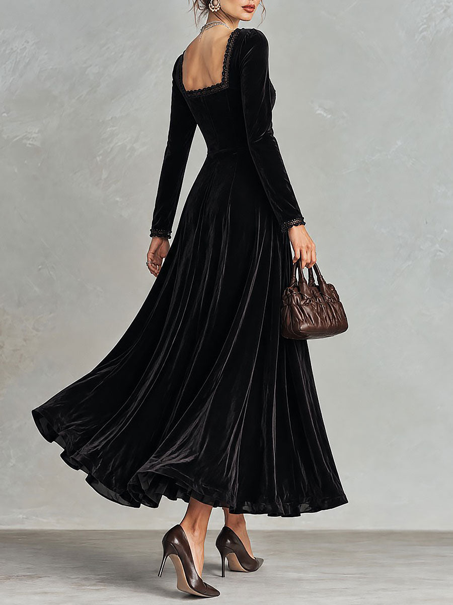 Elegant Black Velvet Square Neck Lace Trim Maxi Dress with Button Detail