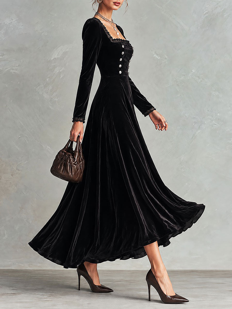 Elegant Black Velvet Square Neck Lace Trim Maxi Dress with Button Detail