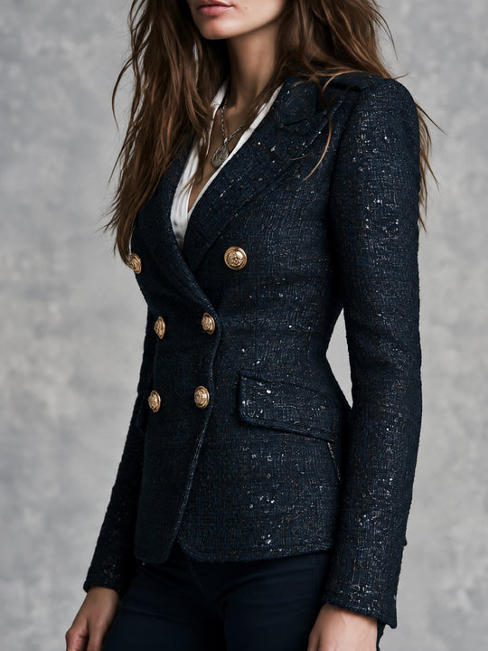 Vintage Navy Sparkle Tweed Double-Breasted Blazer