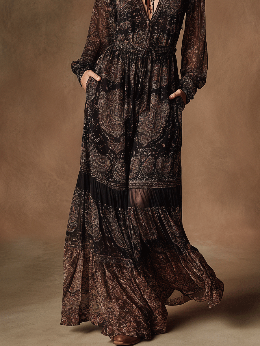 Boho Vintage Lace Flow Midnight Maxi Dress