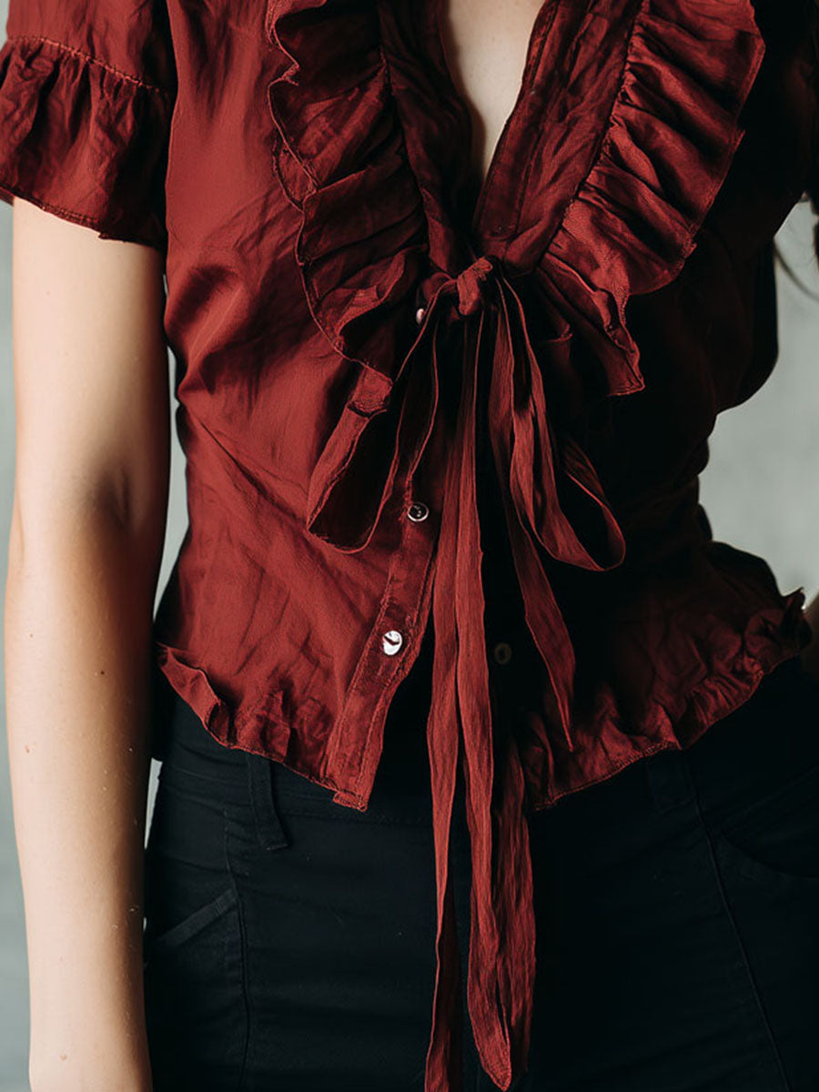 Retro Wine Red Tie-Neck Ruffled Short Sleeve Blouse