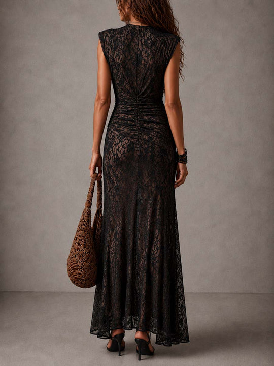 Vintage Black Floral Lace Ruched High Slit Maxi Dress